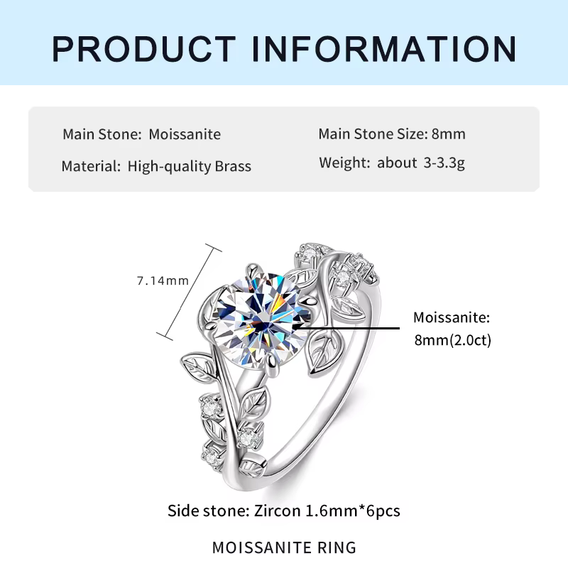 IOGOU – bague de fiançailles solitaire ronde de 8mm, couleur D, VVS1, Moissanite, certifiée 2CT, dia
