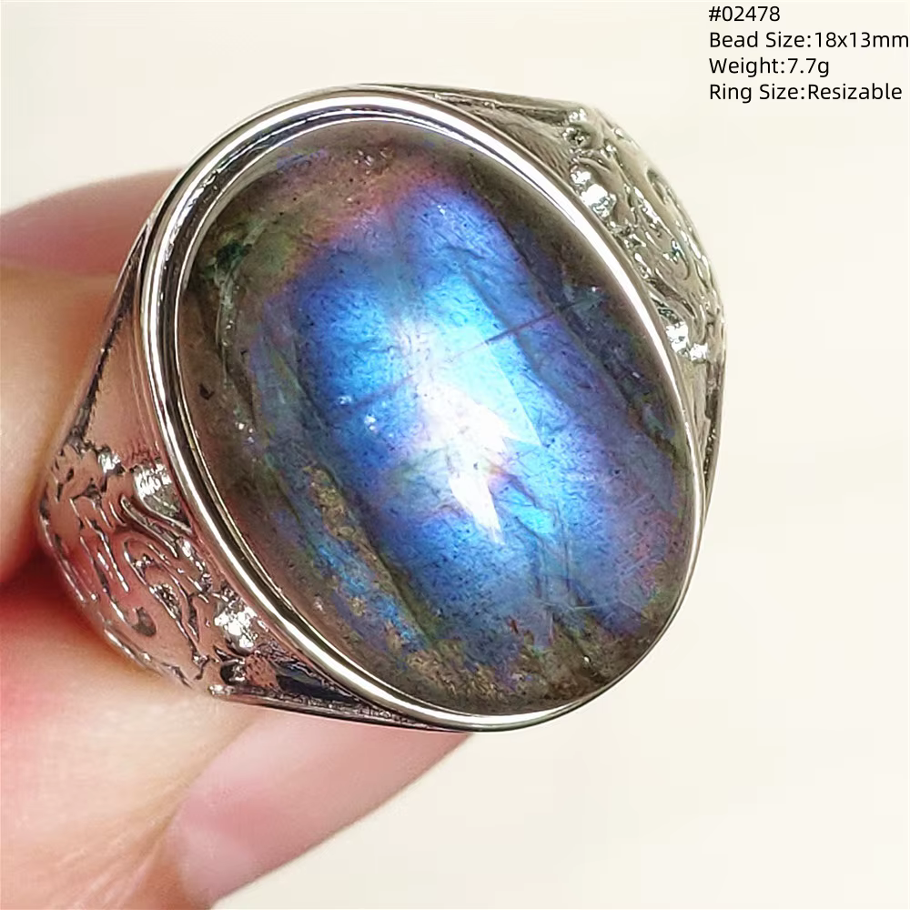 Bague Ajustable en Labrumen Bleu Naturel pour Homme et Femme, Bijoux en Argent Sterling 925, Rare, C