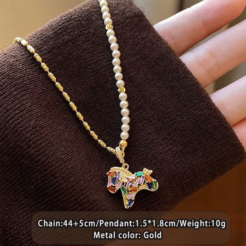 Collier pendentif poney en zircon coloré pour femmes, chaîne en métal perlé, ensemble de bijoux de l