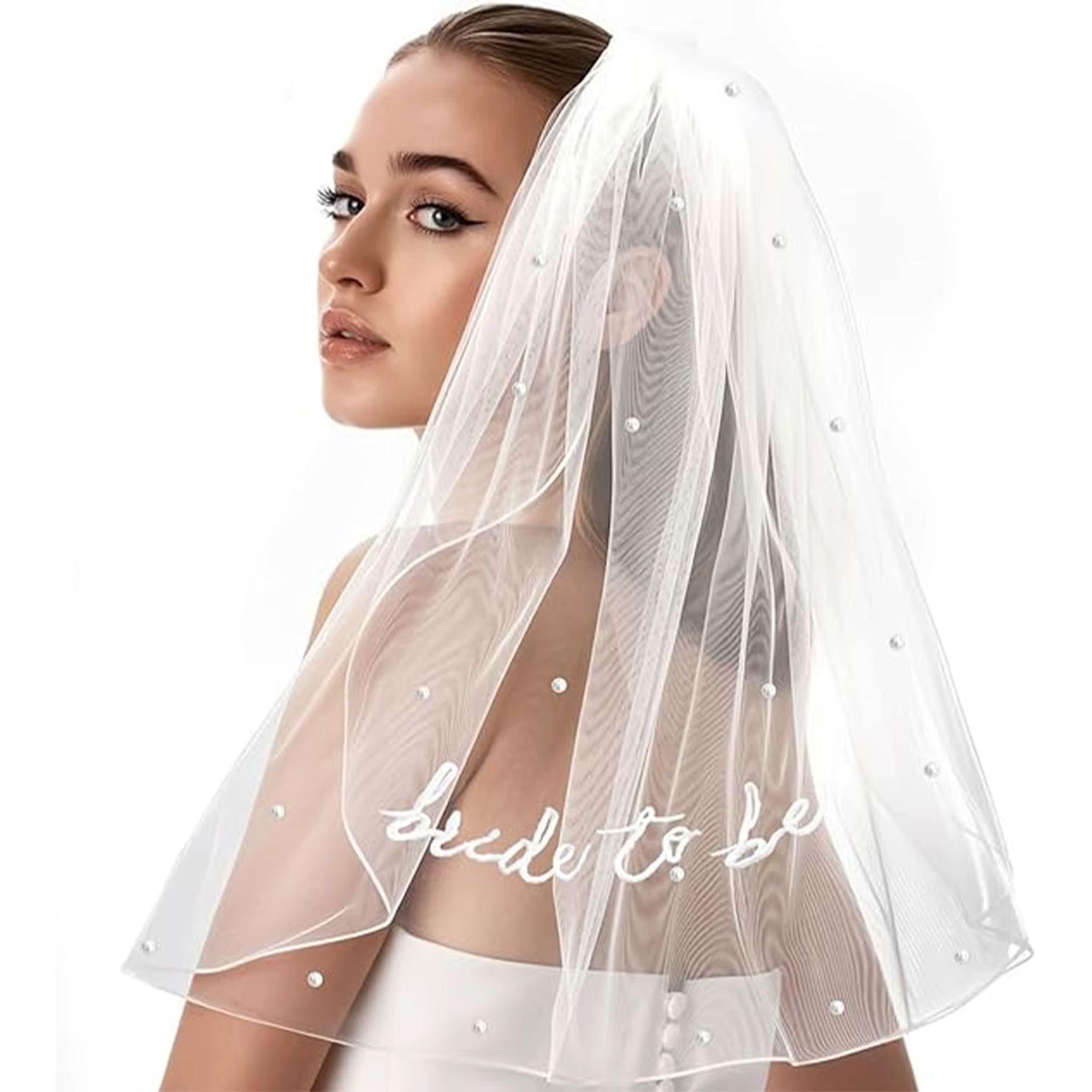 Voile de mariée élégant en dentelle blanche avec décorations de fausses perles pour mariages et ente