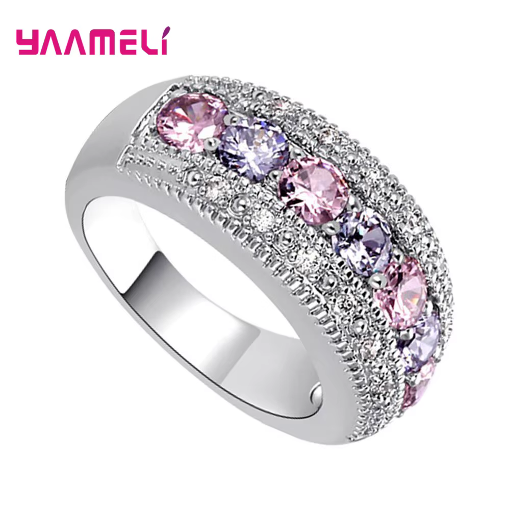 Bague de mariage en argent regardé 925 pour hommes et femmes, bijoux plaqués, rose, violet, cubique,