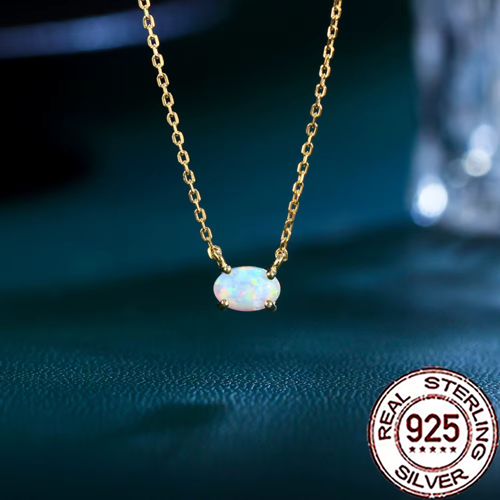 QooLady 925 en argent Sterling élégant mystique ovale opale pendentif collier pour les femmes Fine c