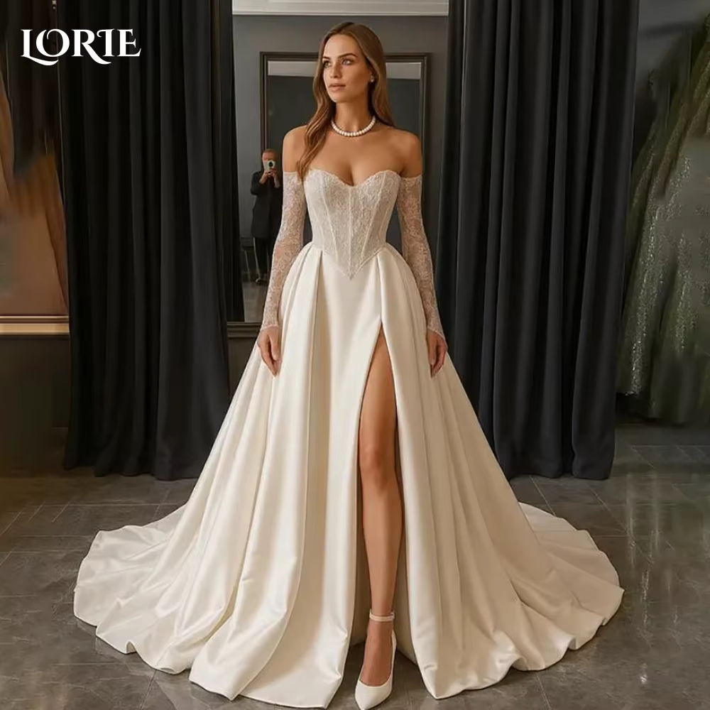 LORIE Vintage dentelle robes de mariée Appliques épaules dénudées dos nu fente à manches longues rob
