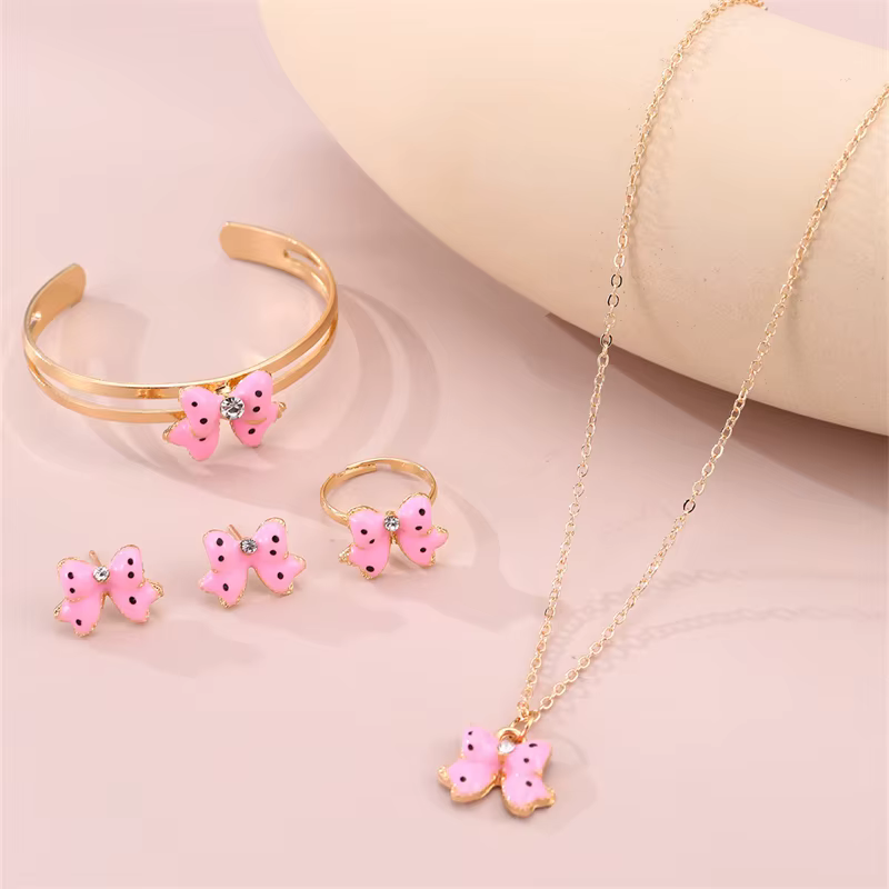 Ensemble de bijoux Sweet Bow, 5 pièces/ensemble, collier, bracelet, bague et boucles d'oreilles, cad