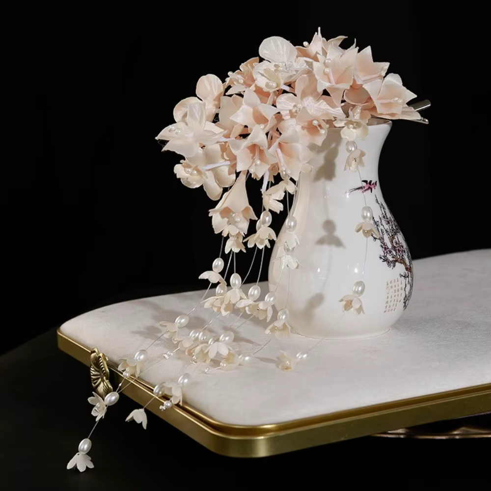 Barrettes à fleurs de luxe avec perles et pompons, style chinois, pour mariée, accessoires de cheveu