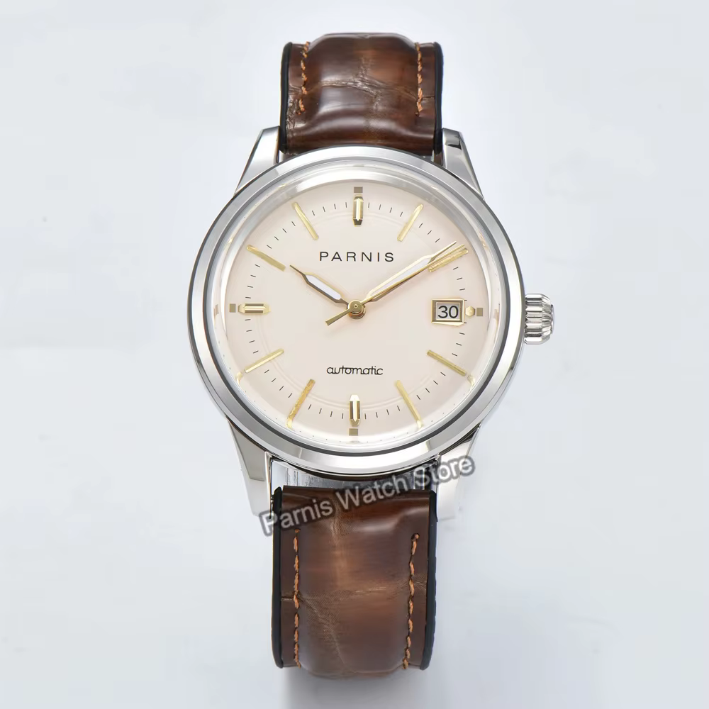 Parnis 39.5mm boîtier en or cadran noir automatique hommes montre bracelet en cuir saphir cristal mo