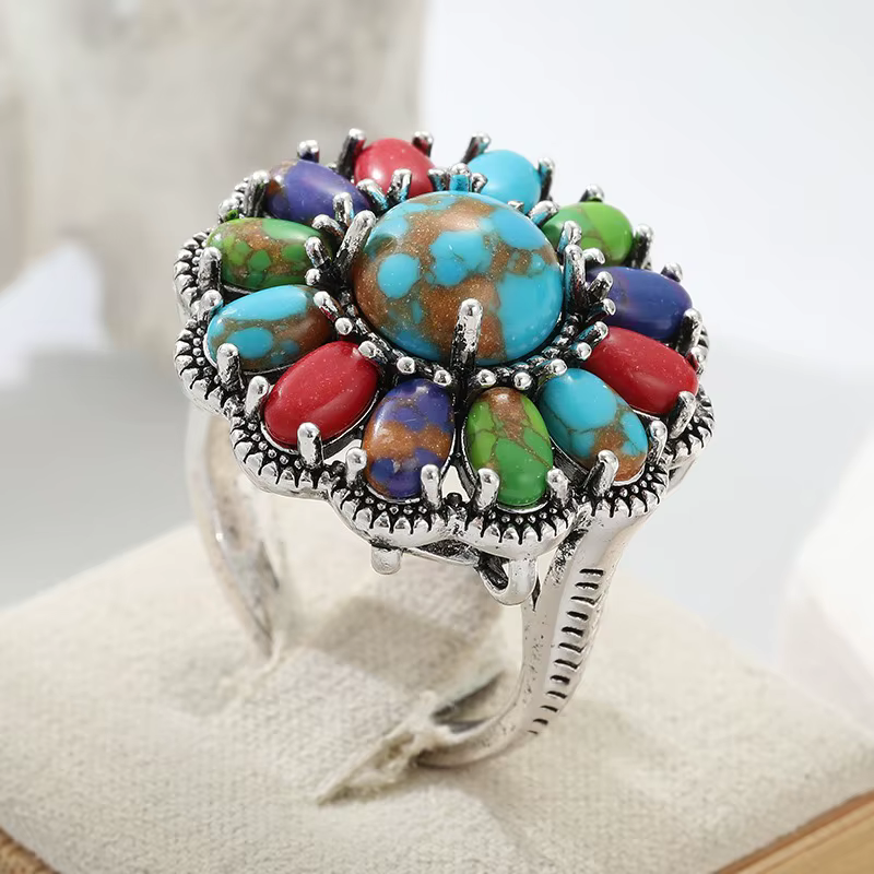 Bague bohème pour femme, incrustée de fleurs multicolores imitation turquoise, couleur argent, pour 