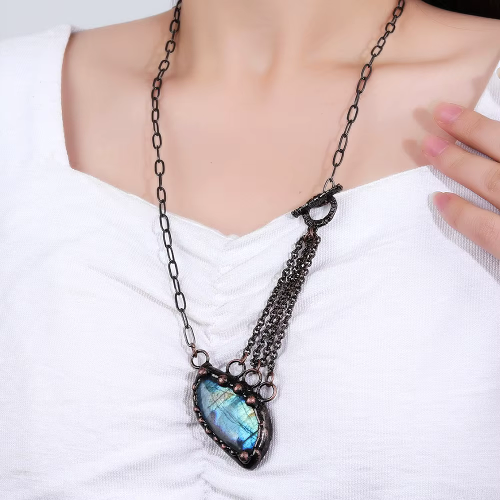 Collier pendentif en Labradorite naturelle, plaqué Bronze Antique, chaîne multicouche, bijoux pour f