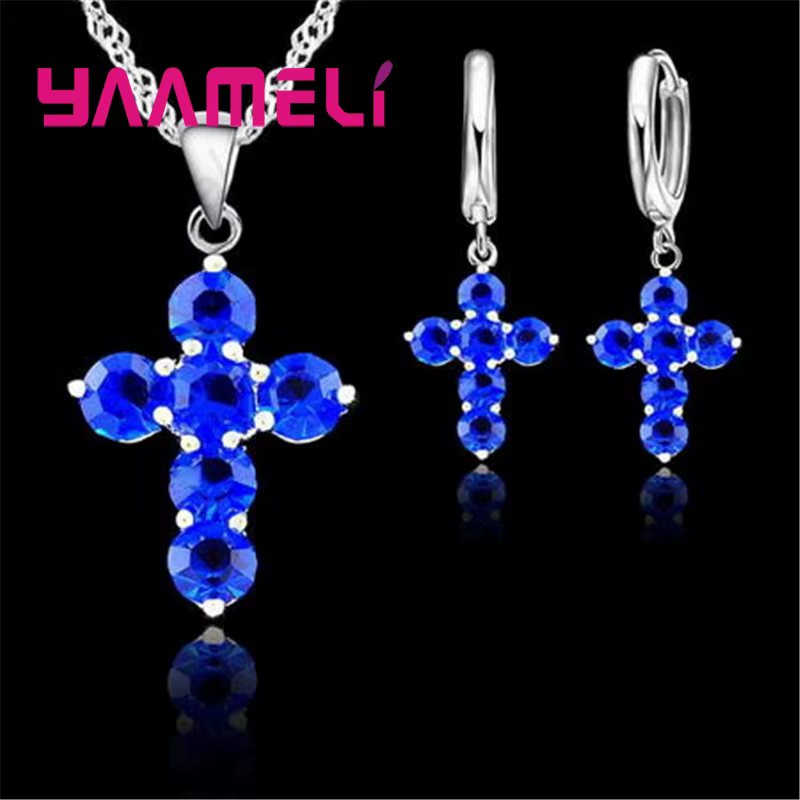 925 argent Sterling cristal autrichien croix pendentif collier boucles d'oreilles cerceau ensembles 