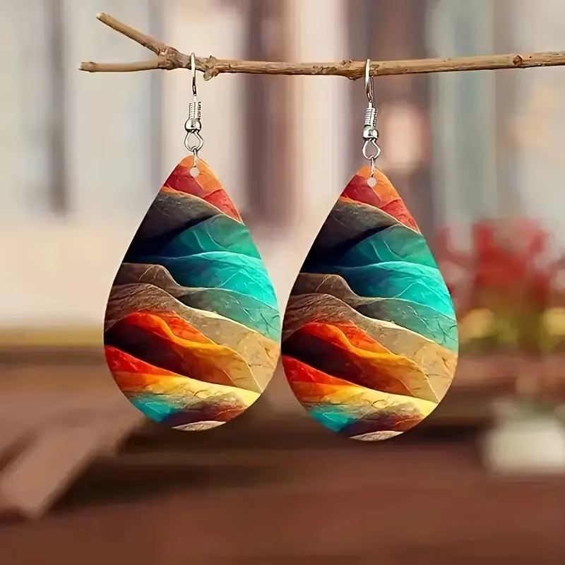 Boucles d'oreilles en bois à motif ondulé d'eau coloré de Style bohémien, adaptées aux femmes jeunes