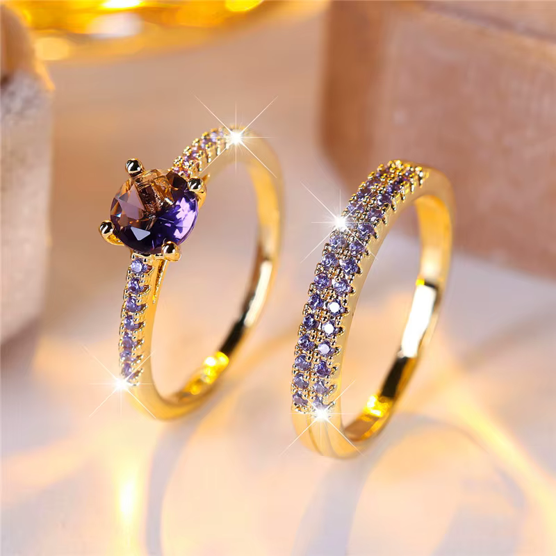Ensemble de bagues de fiançailles rondes en pierre de Zircon rouge Rose pour femmes, bijoux de maria