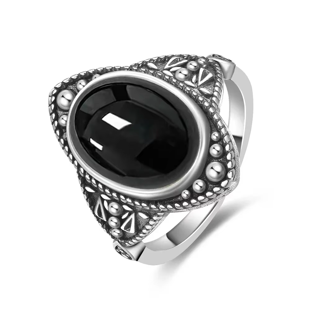 Bague Vintage en argent 925, Onyx noir naturel, Type Denier circulaire, conception d'oeil de cheval,
