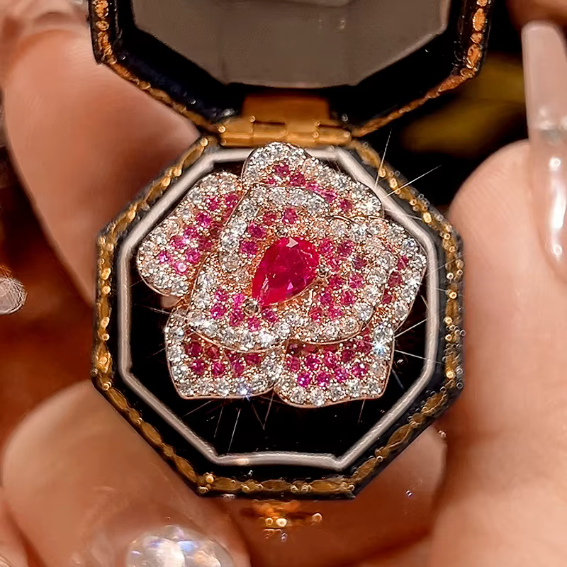 Bijoux à fleurs de Rose pour femmes, bague réglable, zircone cubique rouge, collier Floral scintilla