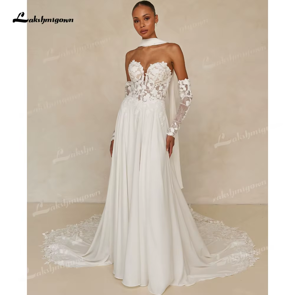 Robe de mariée bohème moderne en mousseline de soie avec ruban, collier détachable, baleines, dentel