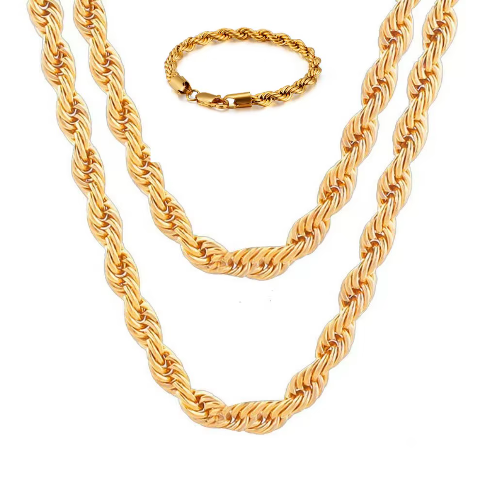 1 ensemble 2 pièces Fine 18K or 4MM chaîne corde collier Bracelets ensemble pour homme garçon dame f