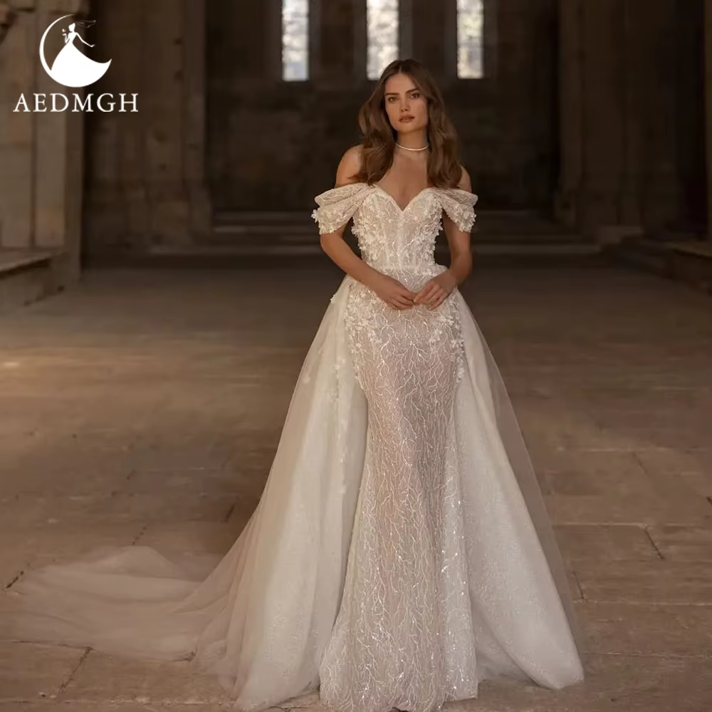 Aedmgh-Robes de mariée sirène sexy, chérie hors de l'initiative, poignées en dentelle, train amovibl