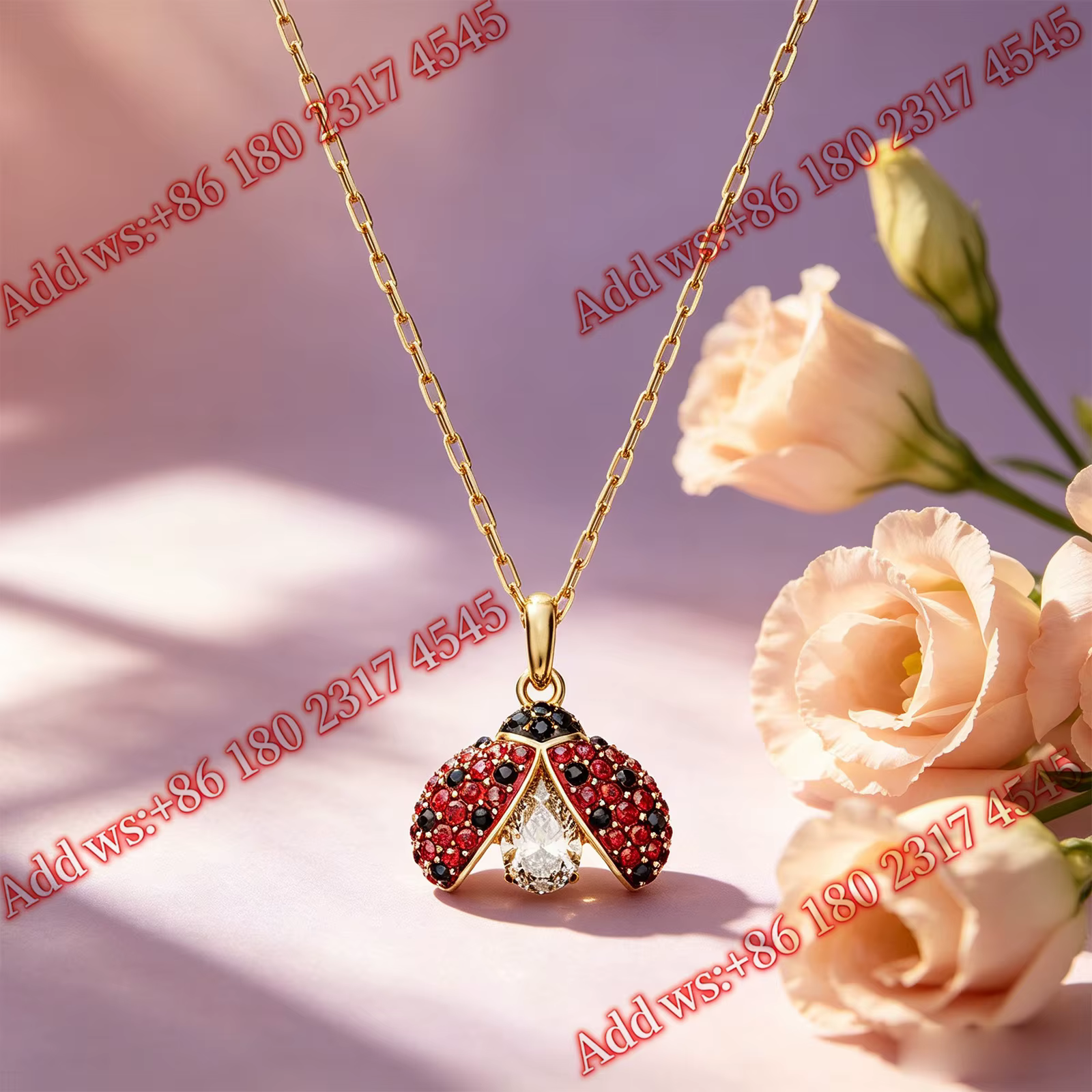 Ensemble de bijoux en zircone cubique motif coccinelle, collier, boucles d'oreilles, bracelet, mode 