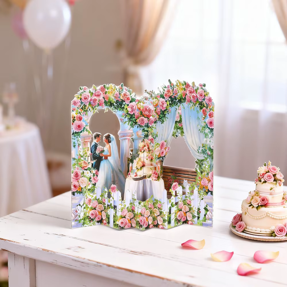 Carte de mariage 3D pop-up avec des roses roses et blanches, idéale pour les anniversaires, les anni