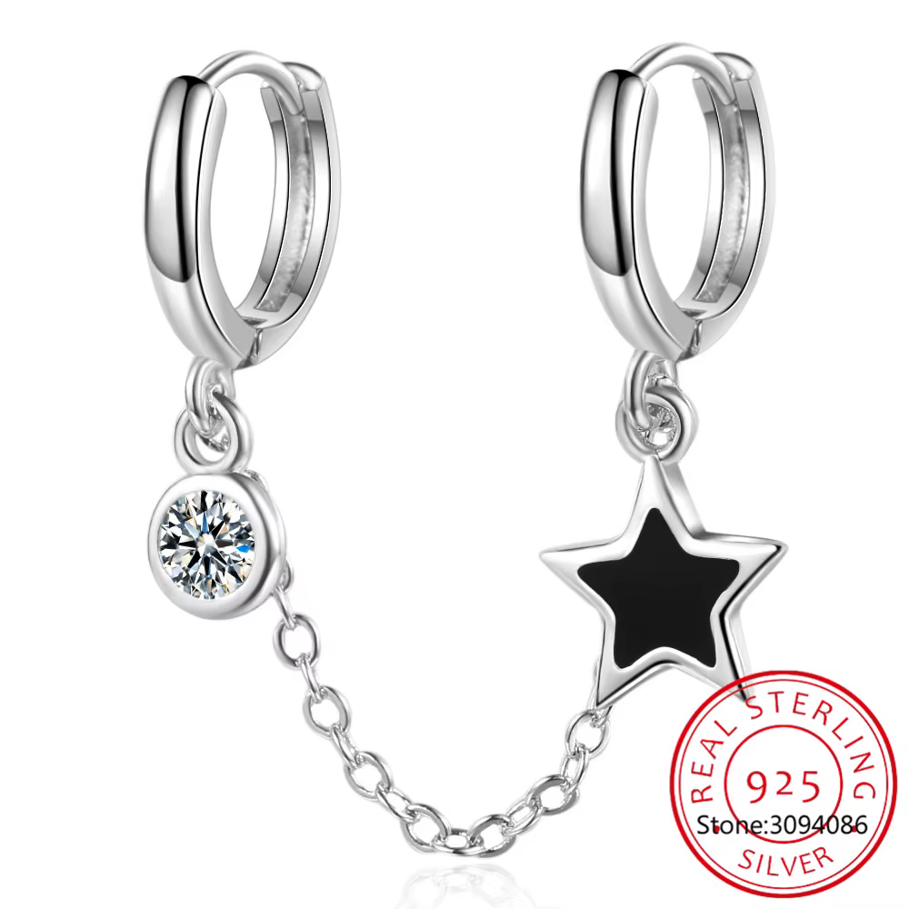 Boucle d'oreille à double trou d'oreille en argent regardé 925 avec glaçure noire, anneau JOEar avec