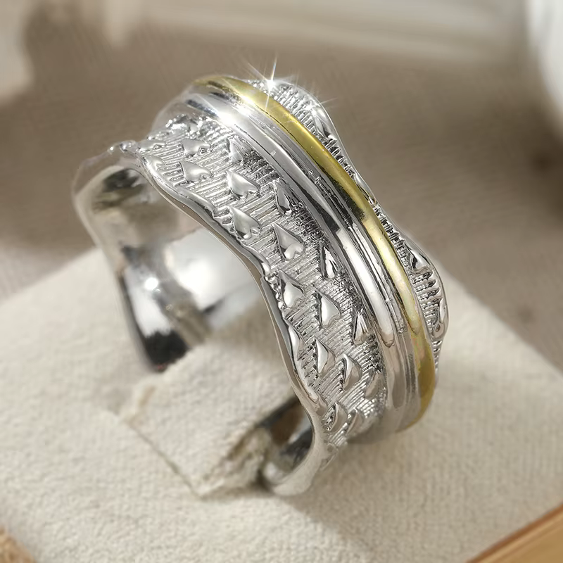 Bague large ethnique sculptée à la main pour femme, en métal bicolore, style vintage, géométrique, p