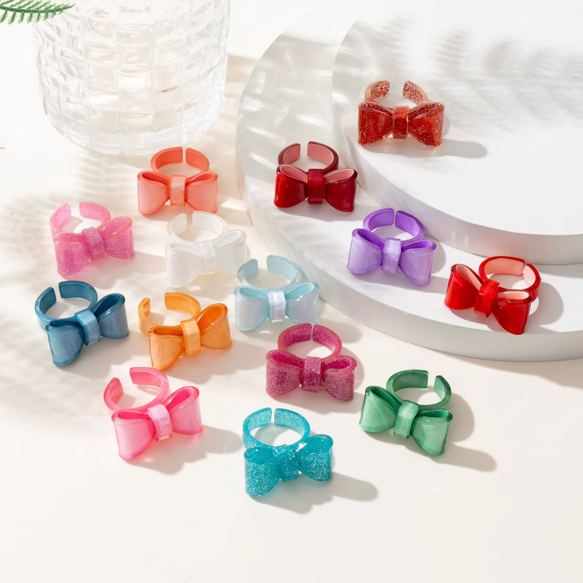 Bague en résine synthétique brillante style coréen avec nœud papillon, bague décorative colorée pour