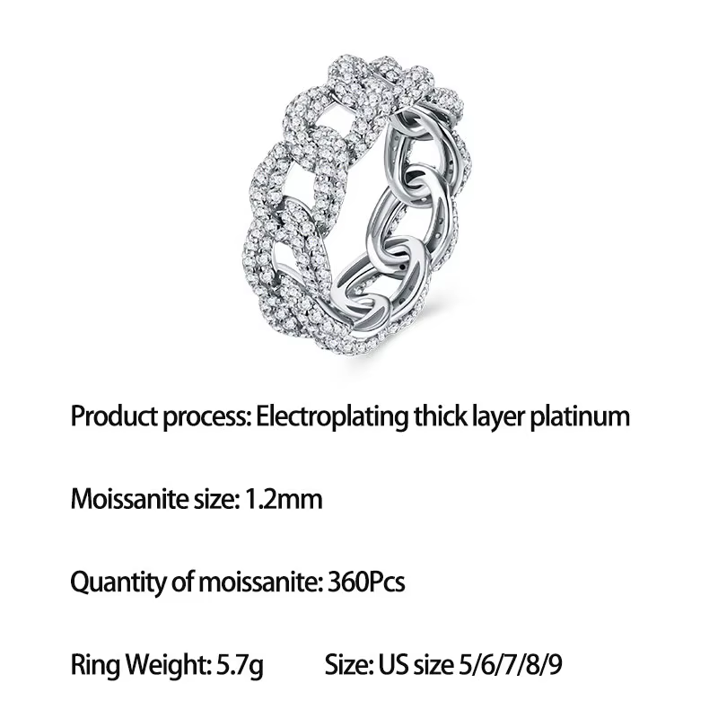 Bague LinkerLove en argent sterling 925 plaqué or blanc 1,2 mm avec pavé de moissanite, style cubain