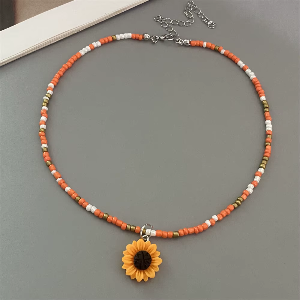 Collier ras du cou court en perles de rocaille colorées, avec pendentif fleur jaune, collier cadeau,
