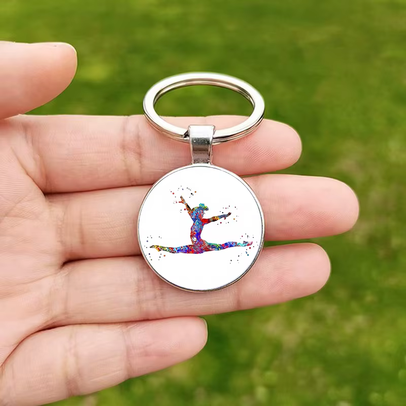Porte-clés de bijoux de gymnastique pour femmes et filles, pendentif rond en verre artistique, pour 