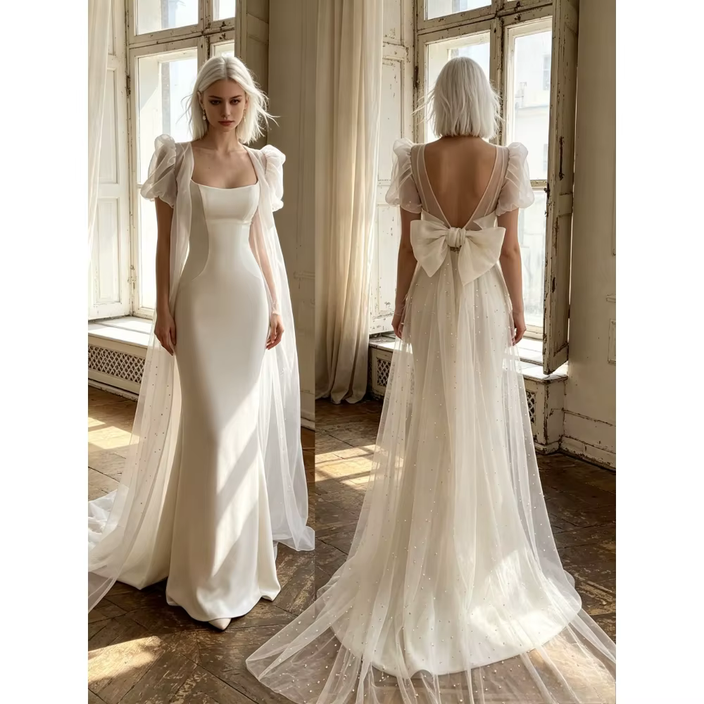 Robe de mariée sirène élégante et ajustée en satin luxueux à col carré personnalisé, manches bouffan