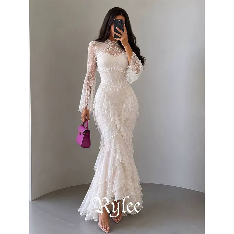 Robe de mariée de luxe Rylee en dentelle, manches longues, coupe sirène, élégante, plissée, collecti