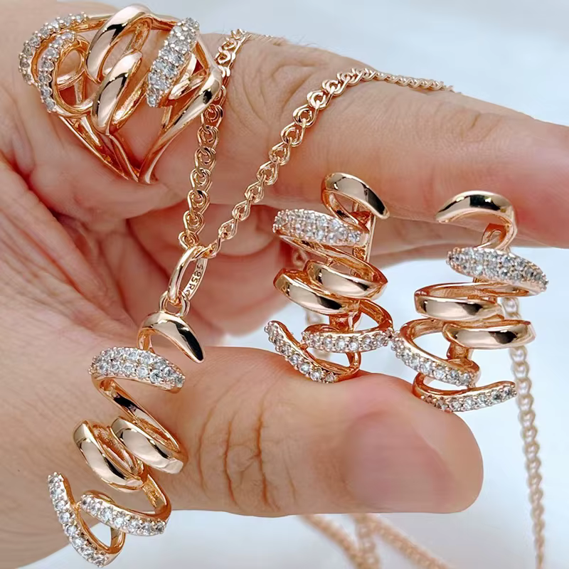Kinel chaud 585 couleur or Rose ensembles de bijoux de mariage de mariée Zircon naturel géométrie ba
