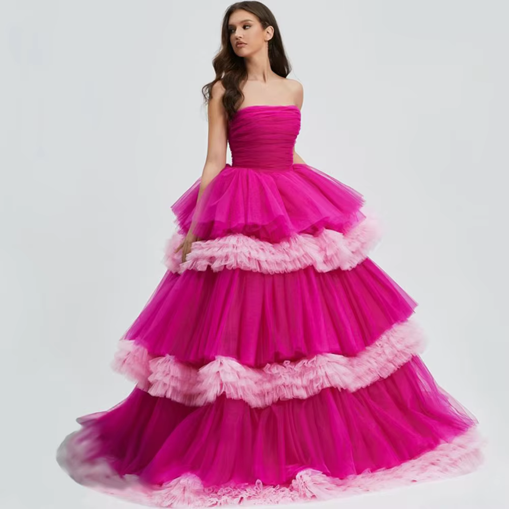 Robe de soirée rose vif sans bretelles, plissée bicolore, robes de bal moelleuses, vêtements pour fe