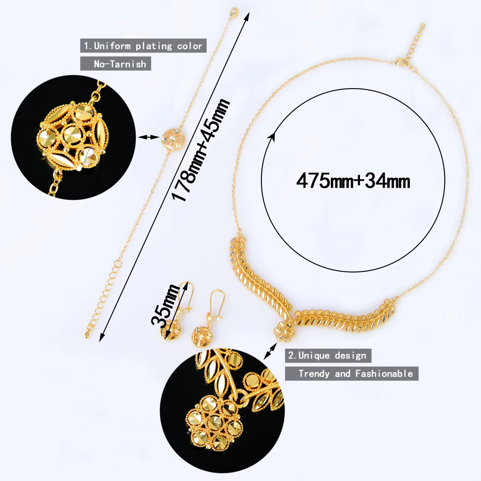 Ensemble de bijoux de mariage classiques en or de dubaï, plaqué or 21 carats, collier de mariée éthi