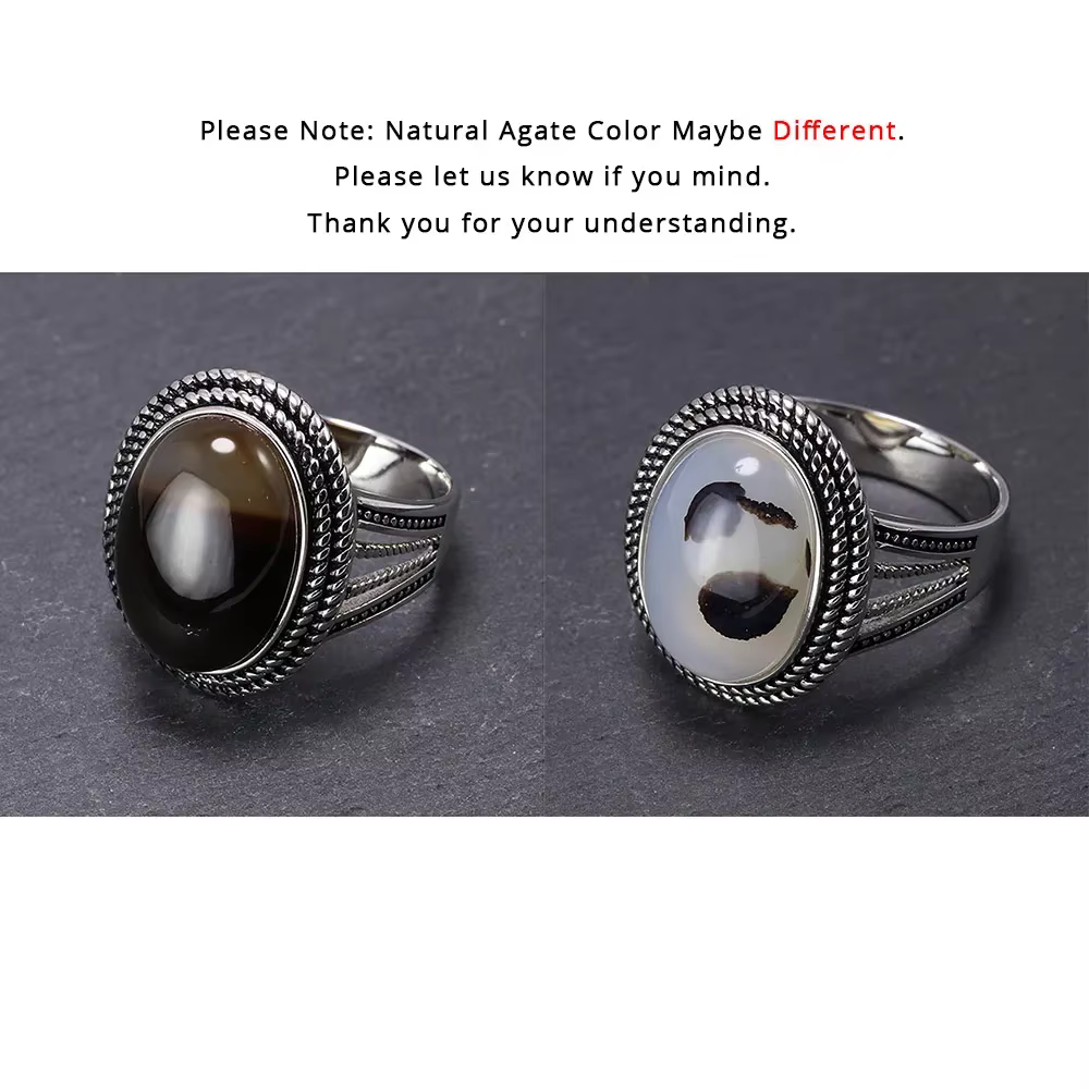 Bagues vintage en argent regardé 925 véritable pour hommes, pierre d'agate originale, design creux r