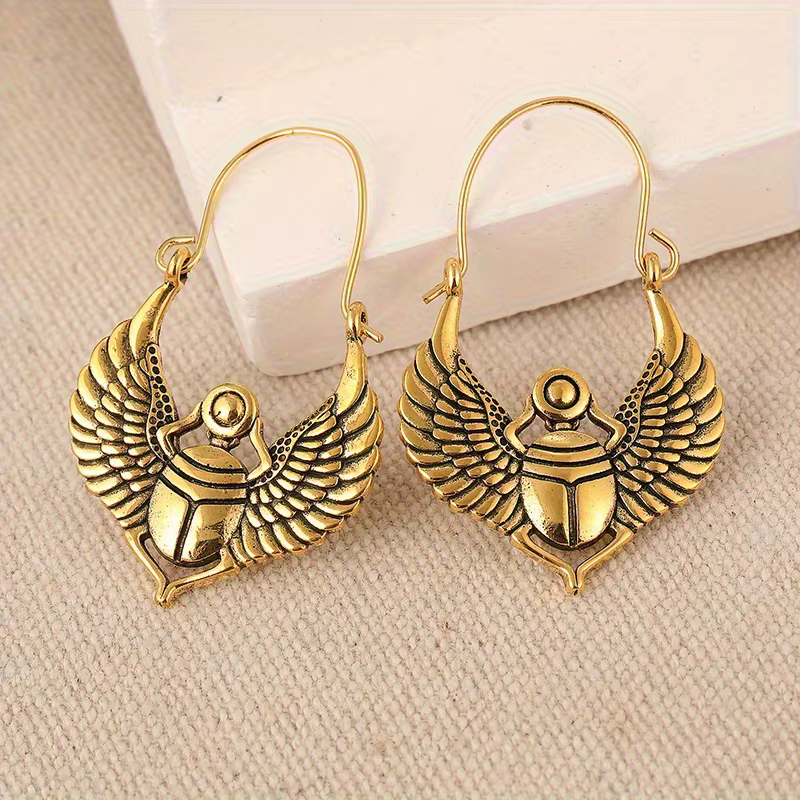 Boucles d'oreilles pendantes plaquées or, motif aile de scarabée, style tribal égyptien rétro, bijou