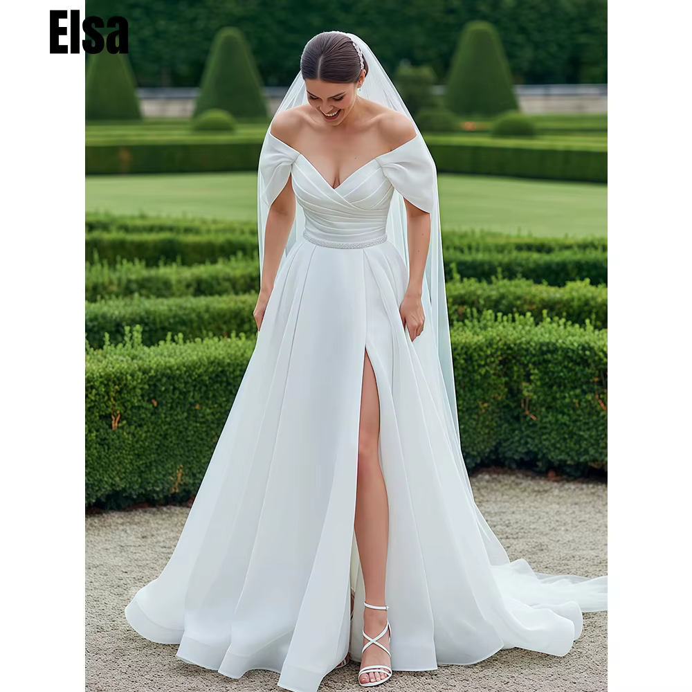 Robes de mariée en Organza ivoire pour femmes, longues robes de mariée à épaules dénudées, coupe tra