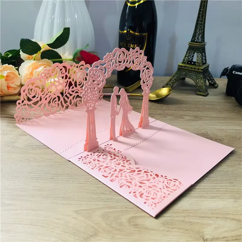 Invitations de mariage Pop-Up en or Rose 3D pour mariée et marié, cartes de vœux découpées au Laser,