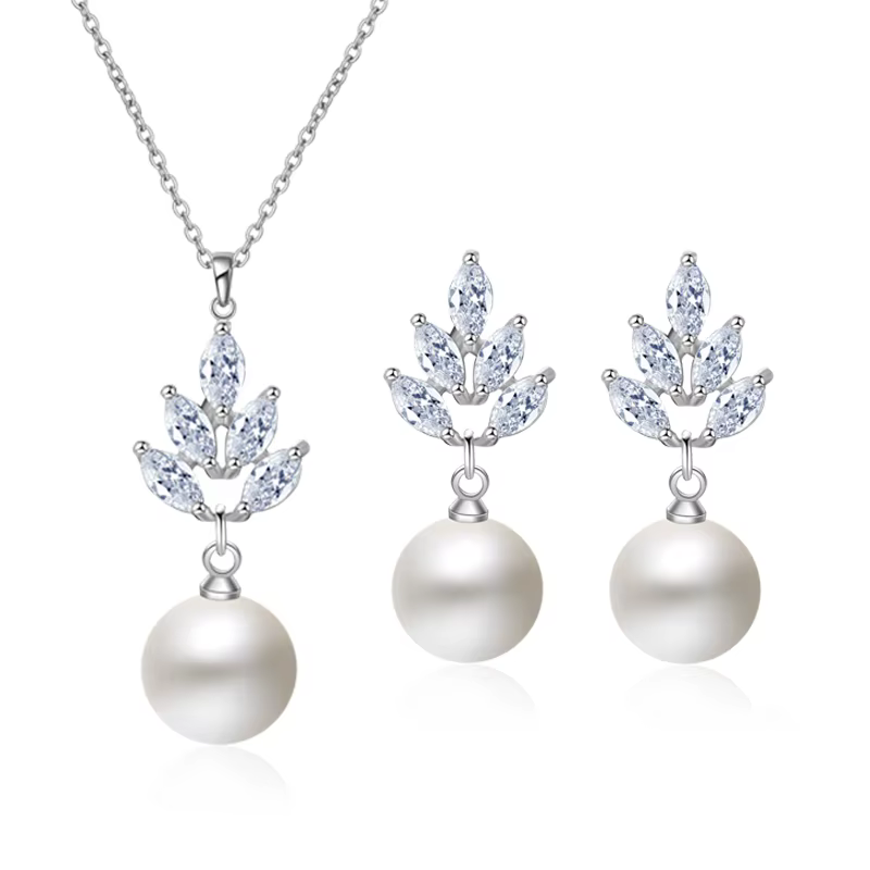 Boucles d'oreilles de luxe en zircone CZ, pendentif en perles simulées, collier, bijoux de mariage e