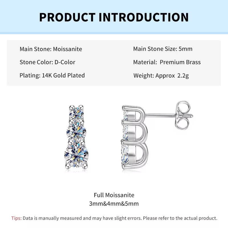 Rrjzz Boucles d'oreilles clous en moissanite couleur D, imitation diamant de laboratoire à trois pie