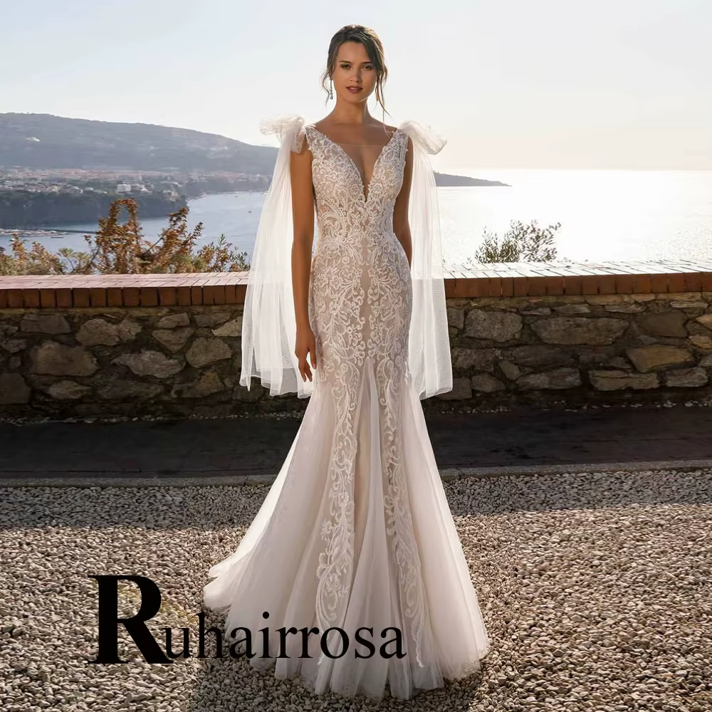 Ruhair à la mode sirène robes De mariée dentelle Appliques nœud papillon plissé balayage Train robe
