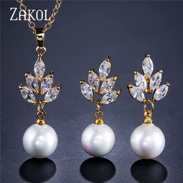 ZAKOL luxe zircone simulé perle boucles d'oreilles pendentif collier ensembles pour les femmes mode 