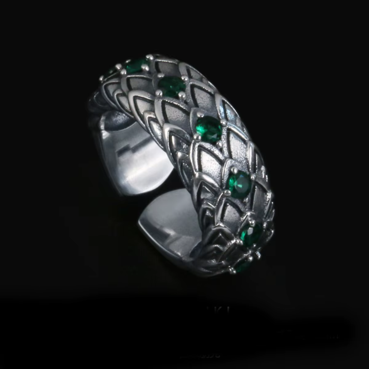 Bagues Serpent en Argent Thaïlandais, Design Rétro Écailles de Cristal Vert, Bague d'Index Unisexe