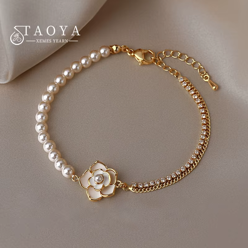 Bracelets à breloques en émail blanc, élégant français, fleur de camélia, chaîne de perles, accessoi