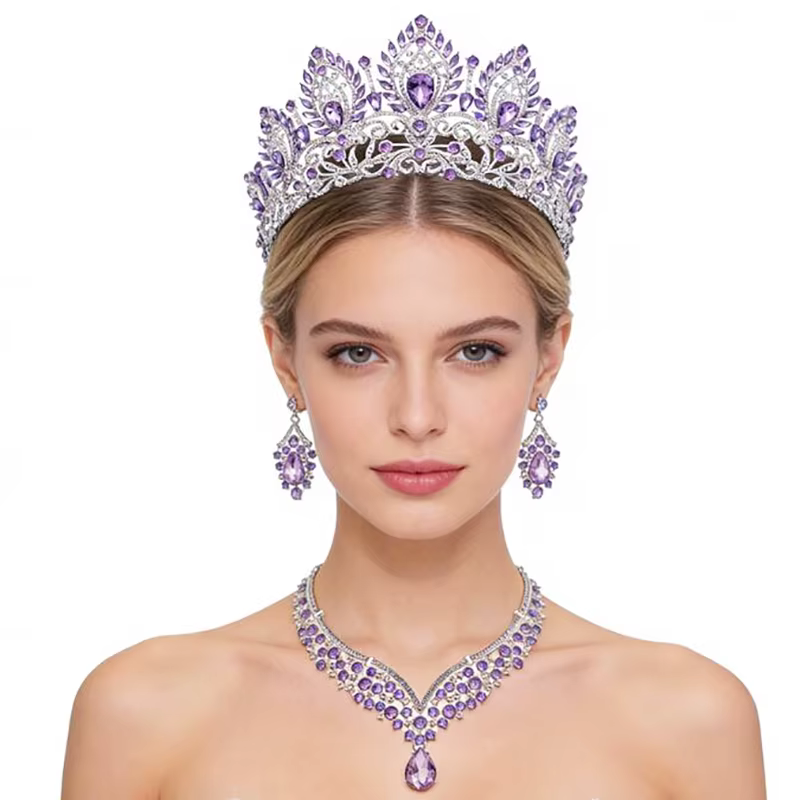 Parures de bijoux Princesse Reine Mariée pour femmes, ensembles diadèmes, colliers et boucles d'orei