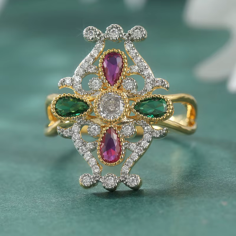 Bague dorée vintage élégante multicolore en zircone synthétique pour femme, accessoires de bijouteri