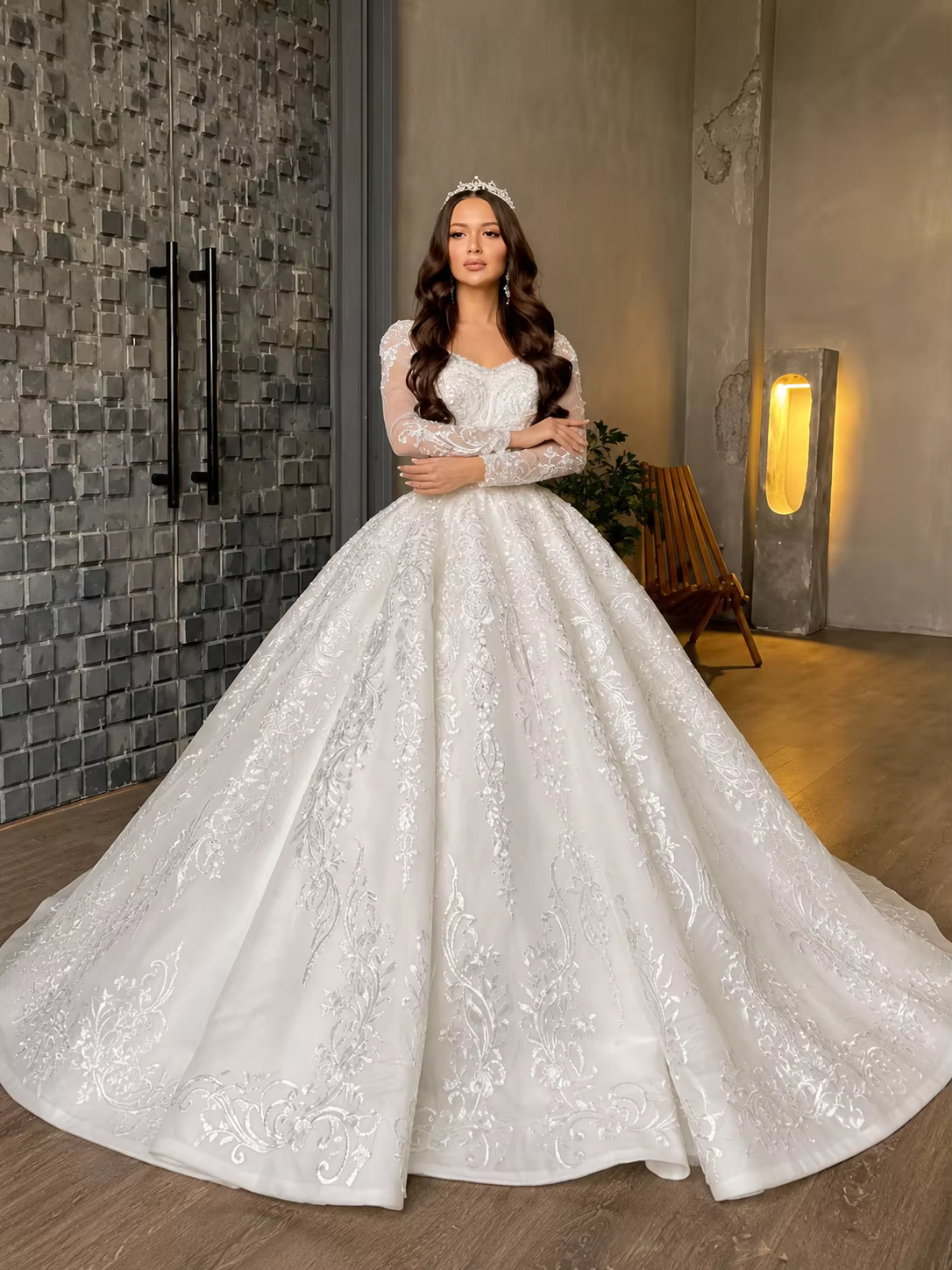 Robe de mariée de luxe en dentelle, style princesse, à manches longues, élégante, Vestido De Novia