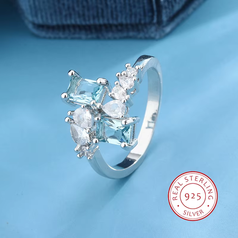 Bague exquise pour femmes, bague en Zircon aigue-marine, en argent 925, bijoux de fête, de mariage, 