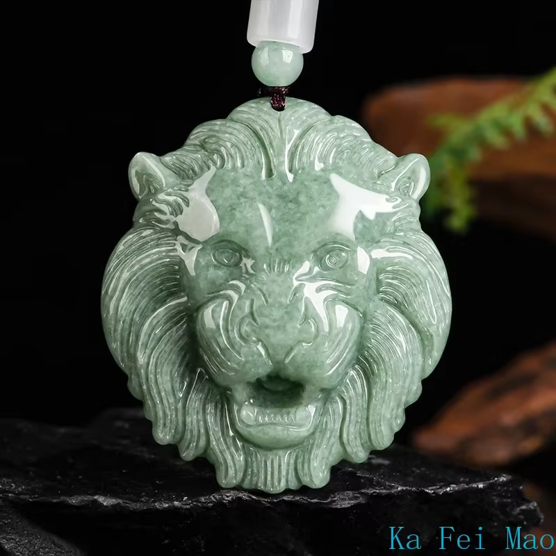 Pendentif en jadéite naturelle du Myanmar de qualité A, tête de Lion dominatrice, majestueux, breloq