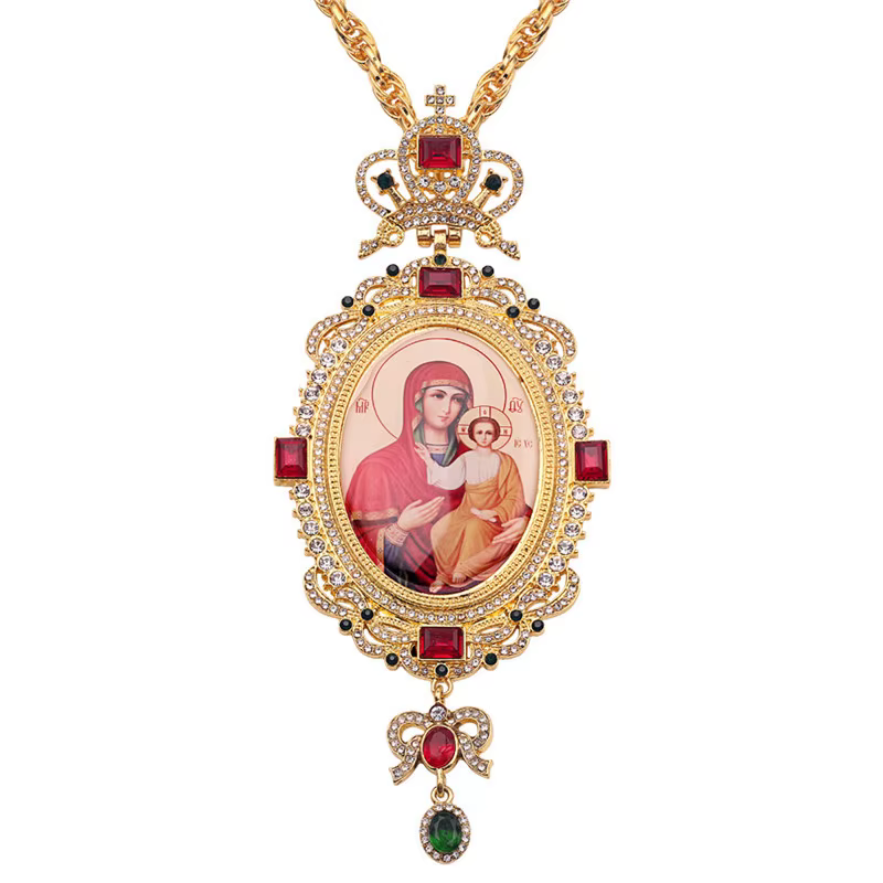 Couronne elliptique orthodoxe, croix, bijoux d'icône religieuse, collier byzantin Nina ifix, Vierge 