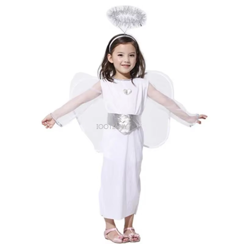 Costume de spectacle scolaire élégant pour filles, déguisement d'ange blanc, costumes de cosplay d'a